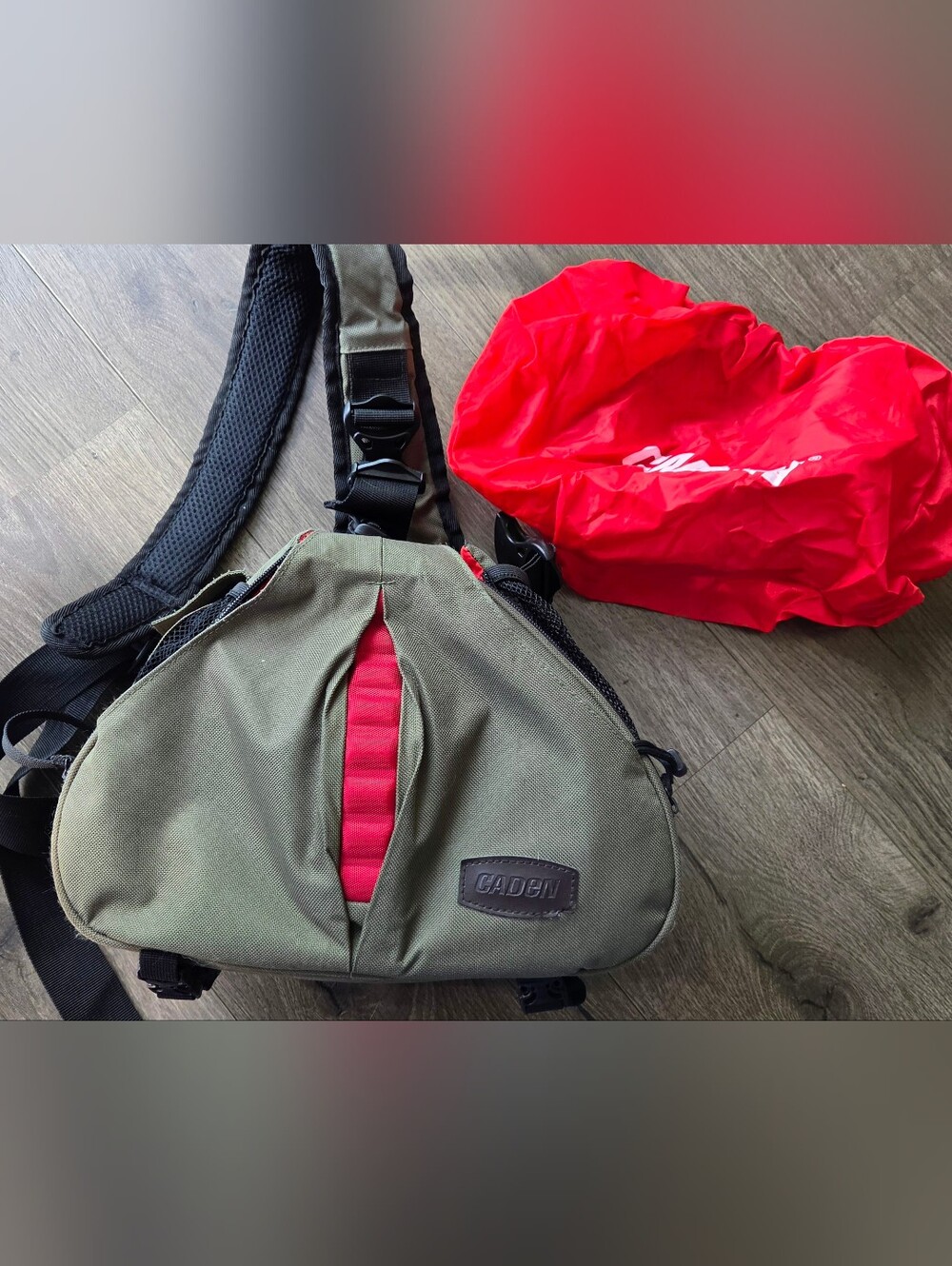Caden Olive Green Sling Camera Bag with Red Accents